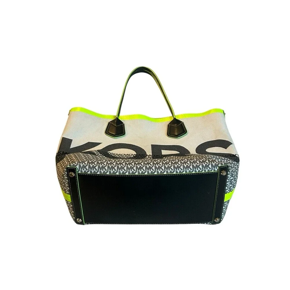 Michael Kors Large Canvas Tote Bag Neon Yellow Logo MK Monogram Shopper